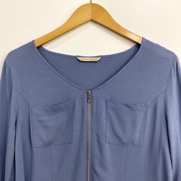 Soft Surroundings Blouse Women's Large No Size Tag Blue Front Zip Top Roll Tab - Picture 3 of 11